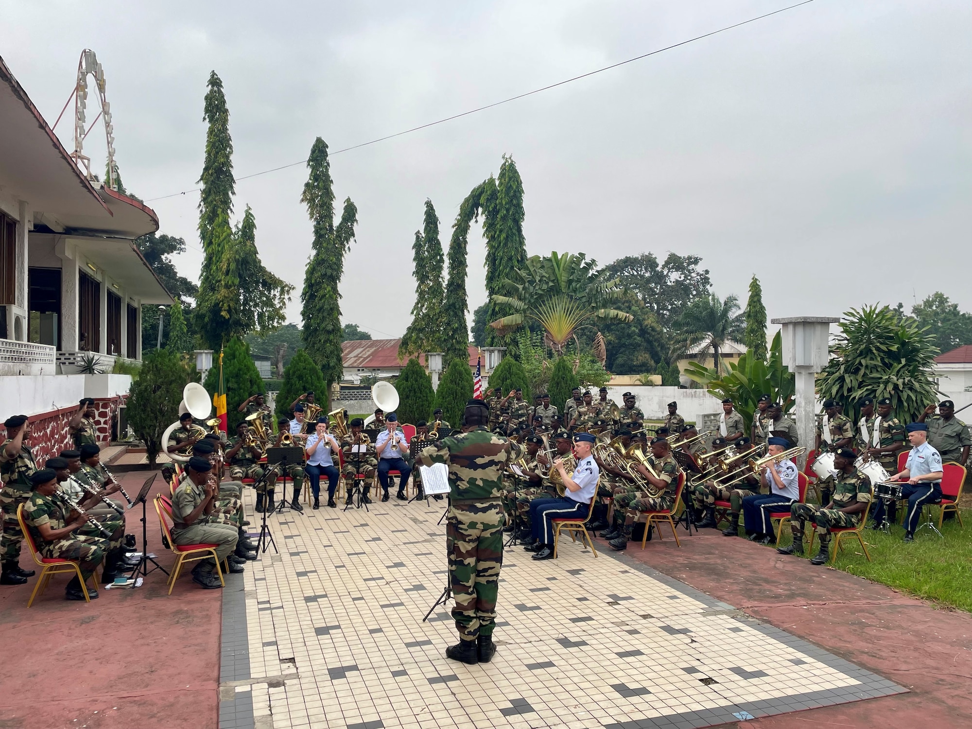 U.S. Air Forces in Europe-Air Forces Africa Band brass quintet “Five Star Brass” and Congolese Army Band Brazzaville jointly performed the Congolese Anthem. The performance was recorded and will be published on August 15 for Congolese Independence Day.  The USAFE-AFAFRICA Band serves as a bridge to increase cultural ties and enrich the partnerships between the U.S. and Republic of the Congo through music. (U.S. Air Force photo by Dominik Halnais)
