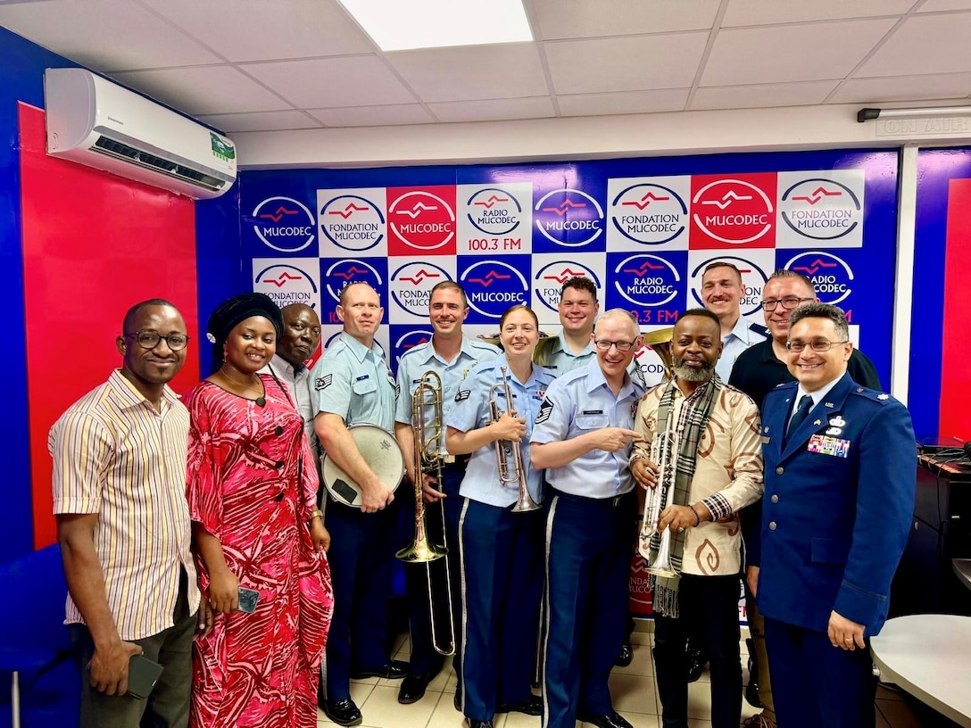 U.S. Air Forces in Europe-Air Forces Africa Band brass quintet “Five Star Brass” performed at Radio Mucodec, one of the largest radio stations in Brazzaville. USAFE-AFAFRICA Band Planner Dominik Halnais conducted was interviewed about the purpose of the visit to Congo and the upcoming performances, which gave us the opportunity to highlight our security cooperation with our Congolese partners. The USAFE-AFAFRICA Band serves as a bridge to increase cultural ties and enrich the partnerships between the U.S. and Republic of the Congo through music. (U.S. Air Force photo by 2Lt Jay Sconyers)