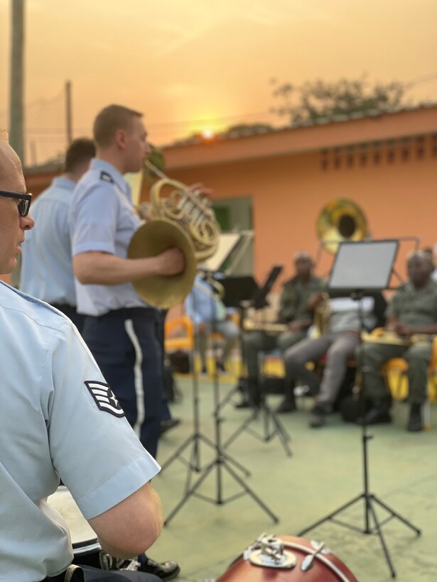 U.S. Air Forces in Europe-Air Forces Africa Band brass quintet “Five Star Brass” rehearses with Congolese Army Band Brazzaville and the Congolese regional band from Pointe Noire for the joint performance at Cultural Center Tati Loutard. The USAFE-AFAFRICA Band serves as a bridge to increase cultural ties and enrich the partnerships between the U.S. and Republic of the Congo through music. (U.S. Air Force photo by Dominik Halnais)