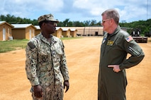 Adm. Samuel J. Paparo, commander of U.S. Indo-Pacific Command, visits construction projects and meets Seabees from Naval Mobile Construction Battalion (NMCB) 5 on Tinian in the Commonwealth of Northern Mariana Islands on July 20, 2024. Paparo was joined by Rear Adm. Greg Huffman, commander, Joint Task Force – Micronesia, Rear Adm. Brent DeVore, commander, Joint Region Marianas, and Fleet Master Chief David Isom, USINDOPACOM command senior enlisted leader, emphasizing personal relationships and the enduring obligations to the people of CNMI, which is part of the U.S. homeland and under U.S. legal and defense protections. USINDOPACOM is committed to enhancing stability in the Indo-Pacific region by promoting security cooperation, encouraging peaceful development, responding to contingencies, deterring aggression and, when necessary, fighting to win. (U.S. Navy photo by Chief Mass Communication Specialist Shannon M. Smith)
