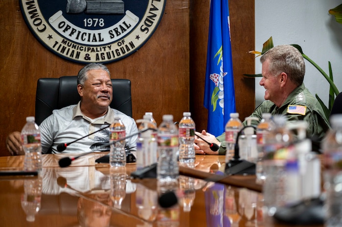 Adm. Samuel J. Paparo, commander of U.S. Indo-Pacific Command, meets with Tinian Mayor Edwin P. Aldan during a visit to the Commonwealth of Northern Mariana Islands on July 20, 2024. Paparo was joined by Rear Adm. Greg Huffman, commander, Joint Task Force – Micronesia, Rear Adm. Brent DeVore, commander, Joint Region Marianas, and Fleet Master Chief David Isom, USINDOPACOM command senior enlisted leader, emphasizing personal relationships and the enduring obligations to the people of CNMI, which is part of the U.S. homeland and under U.S. legal and defense protections. USINDOPACOM is committed to enhancing stability in the Indo-Pacific region by promoting security cooperation, encouraging peaceful development, responding to contingencies, deterring aggression and, when necessary, fighting to win. (U.S. Navy photo by Chief Mass Communication Specialist Shannon M. Smith)