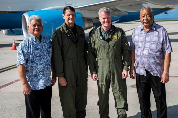 From left, Saipan Gov. Arnold I. Placios, Rear Adm. Greg Huffman, commander, Joint Task Force – Micronesia, Adm. Samuel J. Paparo, commander of U.S. Indo-Pacific Command, and Lt. Gov. David M. Apata take a photo during USINDOPACOM’s visit to the Commonwealth of Northern Mariana Islands on July 20, 2024. Paparo was joined by Huffman, Rear Adm. Brent DeVore, commander, Joint Region Marianas, and Fleet Master Chief David Isom, USINDOPACOM command senior enlisted leader, emphasizing personal relationships and the enduring obligations to the people of CNMI, which is part of the U.S. homeland and under U.S. legal and defense protections. USINDOPACOM is committed to enhancing stability in the Indo-Pacific region by promoting security cooperation, encouraging peaceful development, responding to contingencies, deterring aggression and, when necessary, fighting to win. (U.S. Navy photo by Chief Mass Communication Specialist Shannon M. Smith)