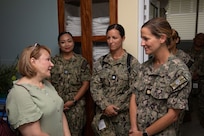 PORT Vila, Vanuatu (July 19, 2024) – Ambassador Ann Marie Yastishock, left, U.S. Ambassador to the Independent State of Papua New Guinea, Solomon Islands and the Republic of Vanuatu, speaks with members of the medical team deployed with Pacific Partnership 24-2 in the newly opened intensive care unit at Port Vila Central Hospital, July 19, 2024. Pacific Partnership is the U. S. Navy's largest humanitarian and civic assistance mission with partner-nations, non-governmental organizations and other government agencies to execute a variety of humanitarian civic action missions across the Indo-Pacific. The annual mission is designed to strengthen relationships and improve U.S. and partner-capacity to deliver humanitarian assistance and disaster-relief preparedness. (U.S. Navy photo by Lt. j.g. Winslow Blow/Released)