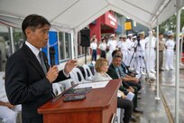 PORT Vila, Vanuatu (July 19, 2024) – U.S. Navy Capt. Mark Asuncion, the Senior U.S. Official in Vanuatu, speaks at the opening ceremony of the U.S. Embassy in Port Vila, Vanuatu, July 19, 2024. The United States established diplomatic relations with the Government of Vanuatu in 1986. Ambassador Ann Marie Yastishock, is accredited to Vanuatu as the nonresident Ambassador and leads the diplomatic mission based in Port Vila. This opening further marks the growth of our relationship with Vanuatu and underlines the strength of our commitment to our bilateral relations, to the Ni-Vanuatu people, and to our partnerships in the Indo-Pacific region. (U.S. Navy photo by Lt. j.g. Winslow Blow/Released)