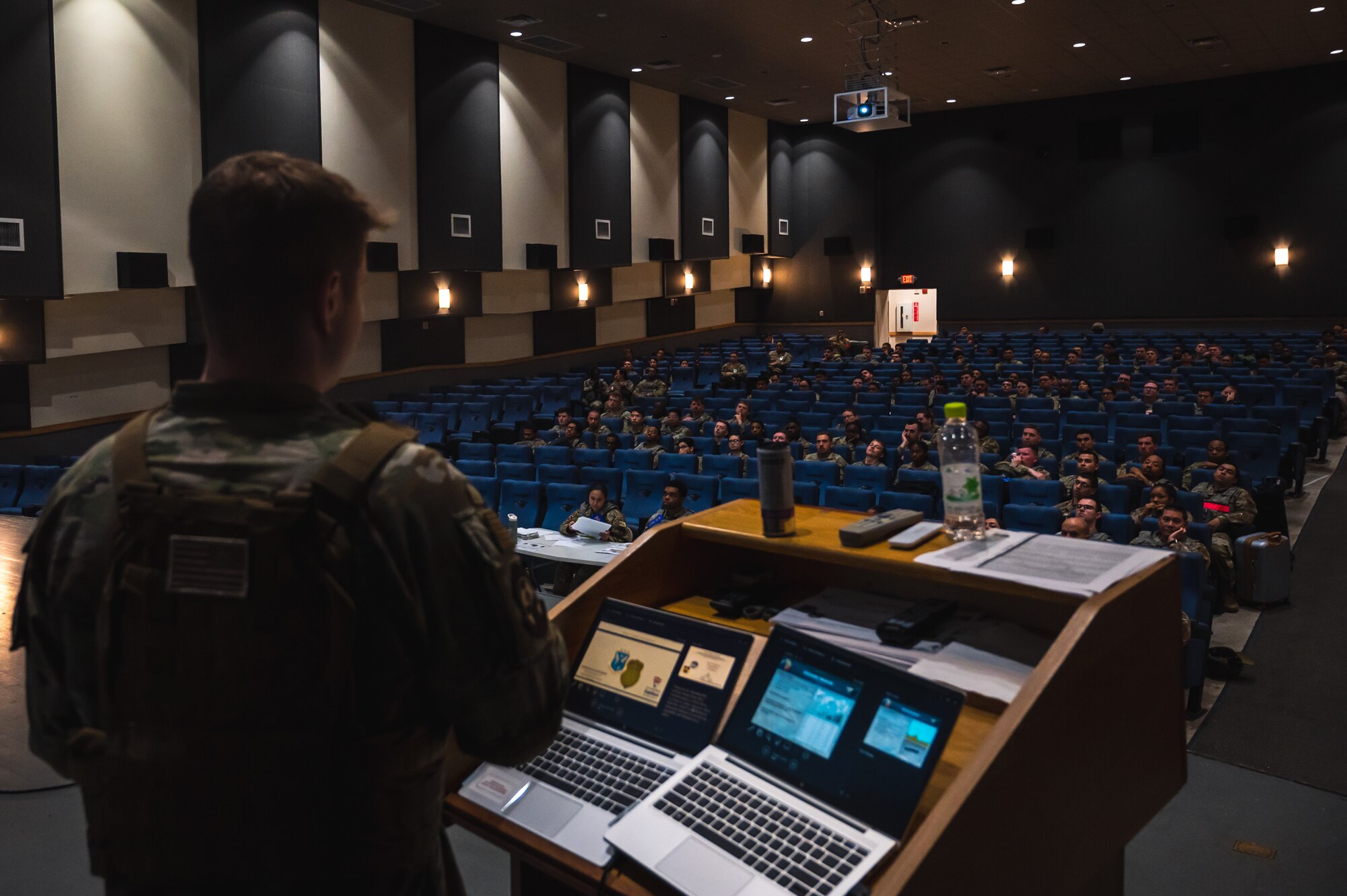 Senior Airman Noah Bucheral, 8th Operations Support Squadron operations intelligence, briefs Airmen during exercise Beverly Sentinel 24-2 at Kunsan Air Base.