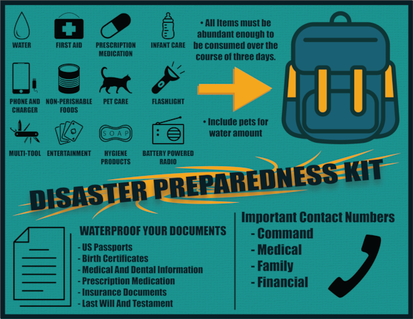 This graphic illustration was created to inform service members and their families serving in Okinawa of what to have prepared for natural disasters and was created on Camp Courtney, Okinawa, Japan, May 31, 2024.