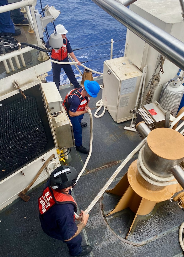 The USCGC Oliver Henry (WPC 1140) crew set up a tow for the 150-foot 497-ton motor yacht Black Pearl 1, located approximately 200 nautical miles west of the Republic of Palau, on July 21, 2024, after responding to a distress call. The 11-person yacht crew, who reported a locked rudder and flooding in the bilge, was assisted by Oliver Henry's crew with dewatering and damage control as they headed toward Palau in 25 mph winds and 4 to 6-foot seas. (U.S. Coast Guard photo by Petty Officer 3rd Class Ryder Nolan)