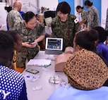 PORT VILA, Vanuatu (July 16, 2024) Lt. Soah Chon, left, of Los Angeles, and Capt. Erika Sasaki of the Japanese Ground Self-Defense Force, give a basic lifesaving class to Port Vila Central Hospital staff in support of Pacific Partnerships 24-2. Pacific Partnership the U. S. Navy's largest humanitarian and civic assistance mission with partner-nations, non-governmental organizations and other government agencies to execute a variety of humanitarian civic action missions across the Indo-Pacific. The annual mission is designed to strengthen relationships and improve U.S. and partner-capacity to deliver humanitarian assistance and disaster-relief preparedness. (U. S. Army photo by Civil Affairs Specialist Sgt. Jaron Nigoza)