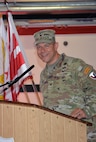 Col. Marc Welde, commander of U.S. Army Medical Logistics Command, speaks during a U.S. Army Medical Materiel Center-Europe change of command ceremony July 10 at Kleber Kaserne in Kaiserslautern, Germany. Welde presided over the ceremony that... (Holger Koelsch)