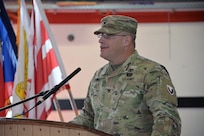 Col. Chad Vermillion speaks after taking command of the U.S. Army Medical Materiel Center-Europe July 10 at Kleber Kaserne in Kaiserslautern, Germany. (Holger Koelsch)