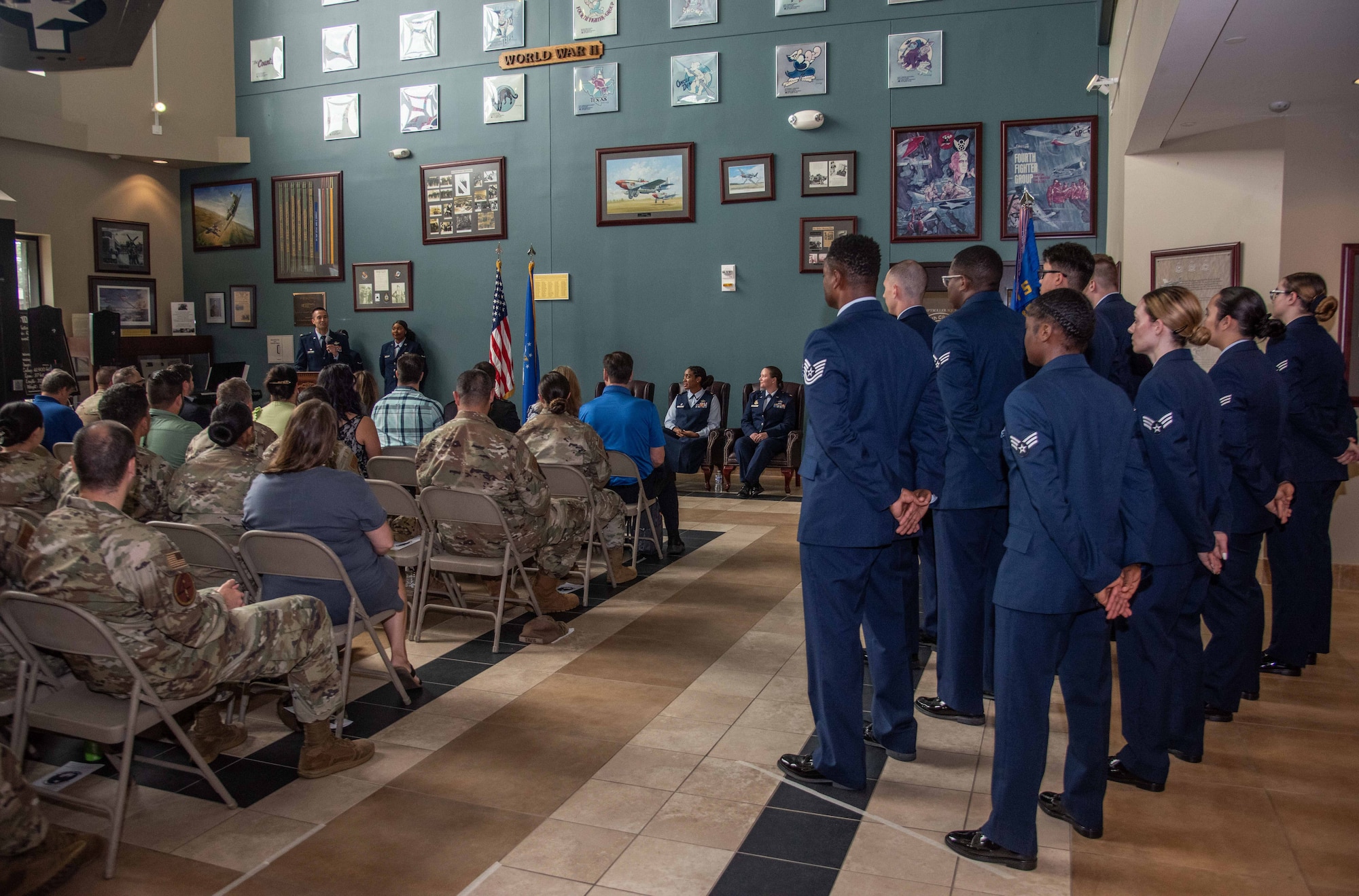U.S. Air Force Airmen assigned to the 4th Comptroller Squadron render a first salute to U.S. Air Force Maj. Amy Bragg, 4th CPTS incoming commander, during a change of command ceremony at Seymour Johnson Air Force Base, North Carolina, June 28, 2024. During the ceremony, U.S. Air Force Maj. Aleksi Vega relinquished command of the 4th CPTS to Bragg. Change of command ceremonies are rooted in military history dated back to the 18th century and serves as an opportunity for members of the unit to witness their new leader assume the responsibility and trust associated with the position of commander.  (U.S. Air Force photo by Tech. Sgt. Christopher Hubenthal)