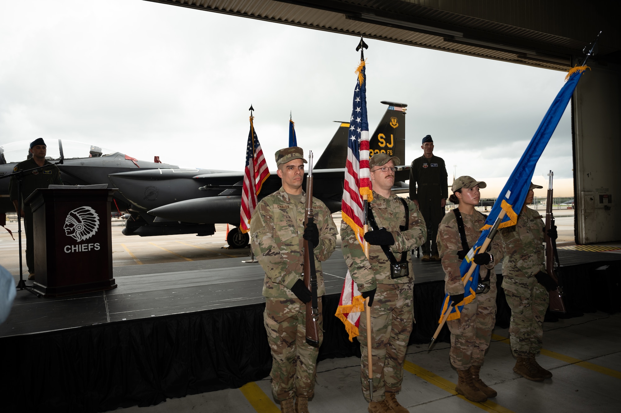 U.S. Air Force Airmen assigned to Seymour Johnson Air Force Base honor guard present the colors during an assumption of command ceremony at Seymour Johnson Air Force Base, North Carolina, July 12, 2024. The assumption-of-command ceremony is a military tradition that allows a unit’s members to see and identify the new commander. (U.S. Air Force photo by Senior Airman Rebecca Sirimarco-Lang)