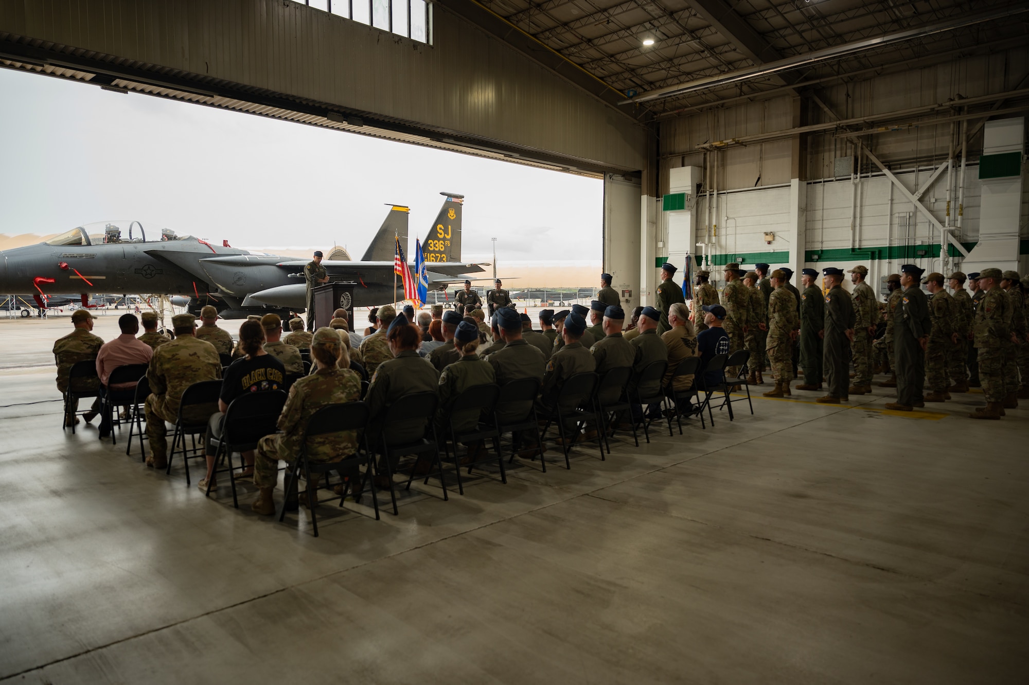 Members of the 4th Fighter Wing attend the 4th Operations Group assumption of command at Seymour Johnson Air Force Base, North Carolina, July 12, 2024. The assumption-of-command ceremony is a military tradition that allows a unit’s members to see and identify the new commander. (U.S. Air Force photo by Senior Airman Rebecca Sirimarco-Lang)
