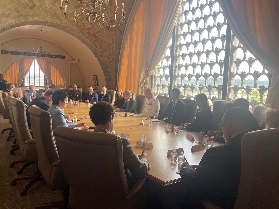 INSS Director Dr. Denise Natali hosts a roundtable discussion at NDU with the President of Latvia, Edgars Rinkēvičs and NDU senior leaders and faculty.