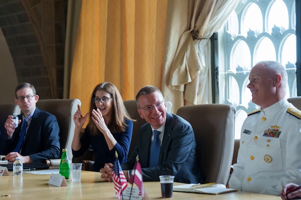 INSS Director Dr. Denise Natali hosts a roundtable discussion at NDU with the President of Latvia, Edgars Rinkēvičs and NDU senior leaders and faculty. July 8, 2024.