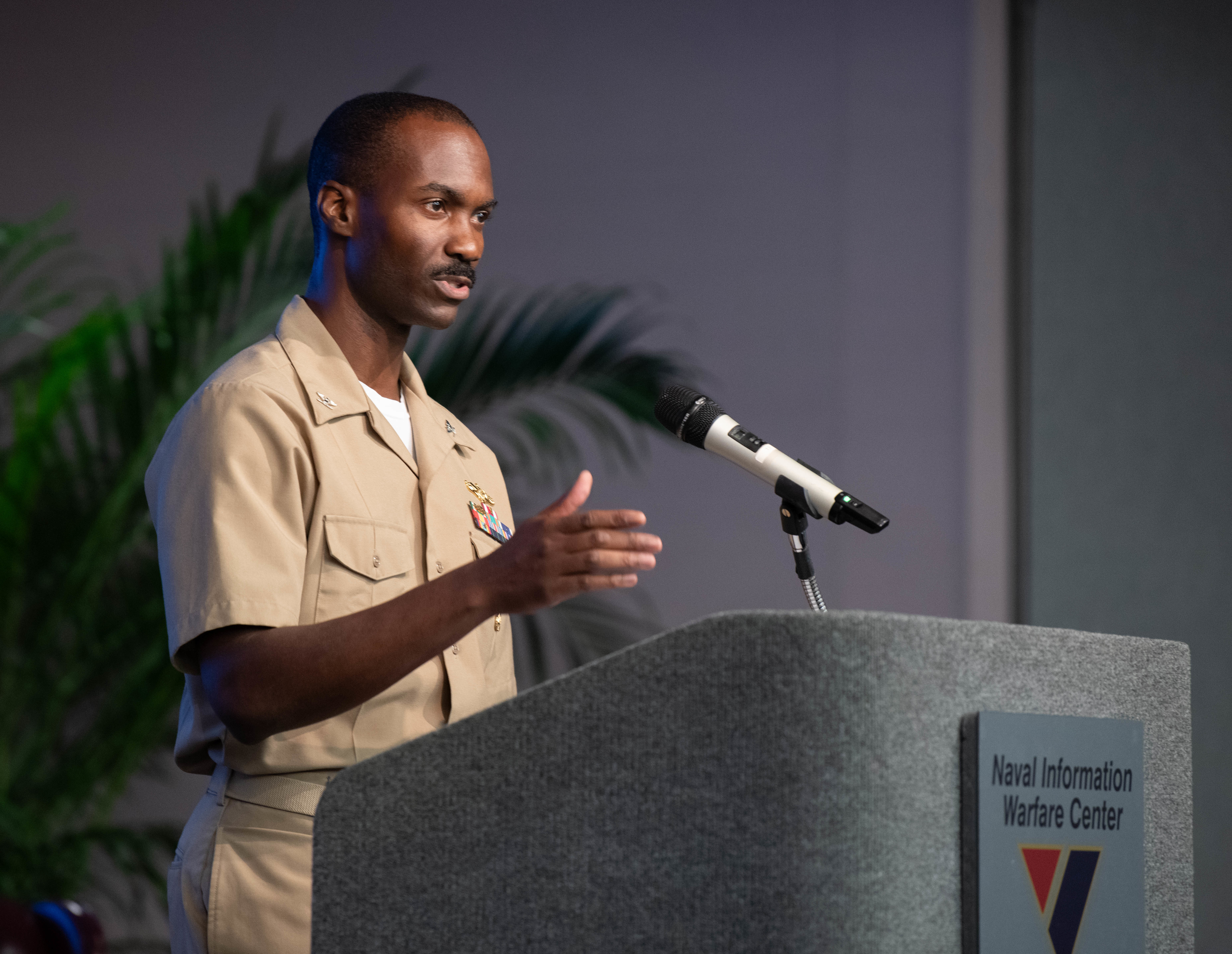 U.S. Navy Capt. Matthew O’Neal, Naval Information Warfare Center (NIWC) Atlantic incoming commanding officer, gives a speech during a change of command ceremony at Joint Base Charleston, South Carolina, July 18, 2024. NIWC Atlantic hosts more than 4,900 federal civilian and military personnel and approximately 9,000 industry partners.