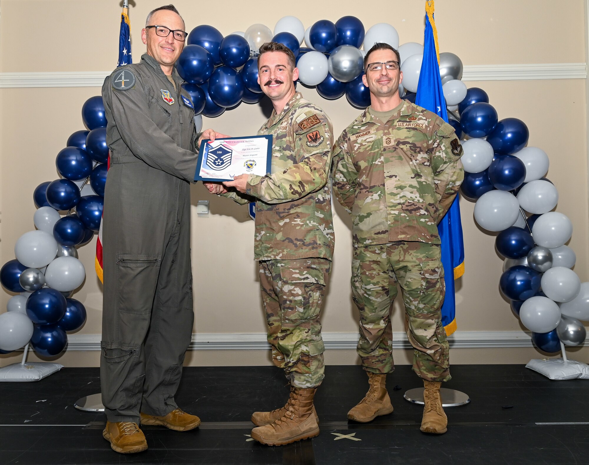 U.S. Air Force Col. Steven Bofferding, 4th Fighter Wing deputy commander (left), and Chief Master Sgt. Paul Hammer, 4 FW command chief, present a certificate to Master Sgt. select Tyler Dudley (center), 4th Security Forces Squadron flight chief, during a Master Sergeant Release Ceremony at Seymour Johnson Air Force Base, North Carolina, June 6, 2024. The ceremony recognized the selectee’s new accomplishment of senior non-commissioned officer. (U.S. Air Force photo by Airman Rebecca Tierney)