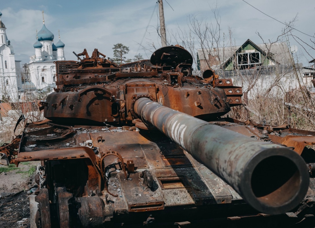 A destroyed Russian tank in Svitohirsk, Donetsk Oblast, Ukraine.