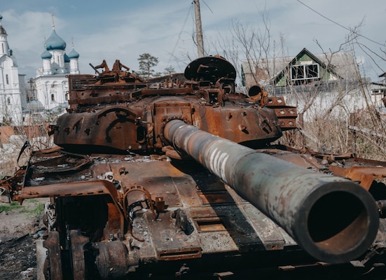 A destroyed Russian tank in Svitohirsk, Donetsk Oblast, Ukraine.