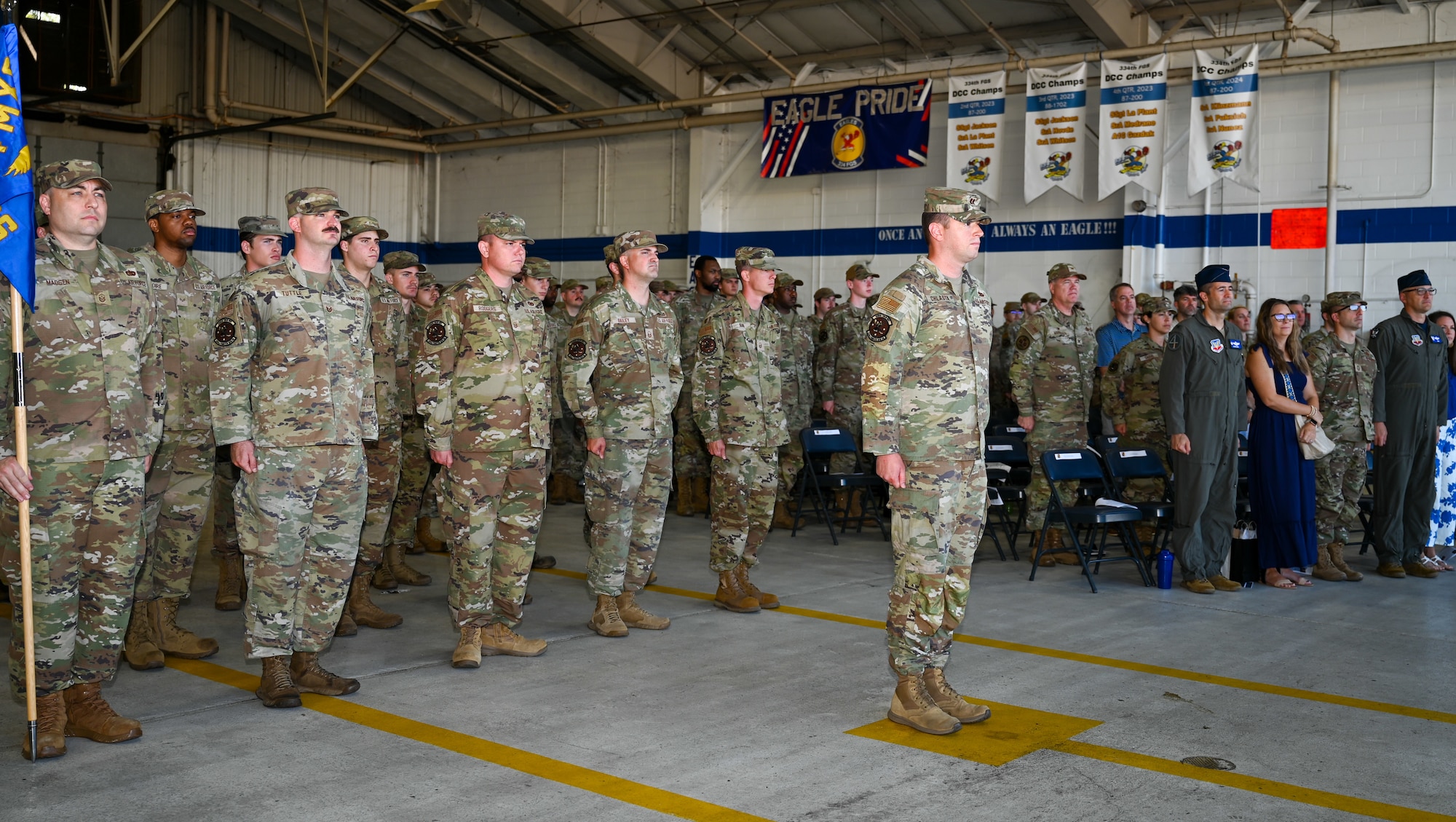 Members of the 334th Fighter Generation Squadron stand in formation during the 334 FGS change of command ceremony at Seymour Johnson Air Force Base, June 21, 2024. The ceremony was conducted to commemorate the passing of command of the 334th FGS from Maj. Amanda Miller to Maj. Michael Lundy. (U.S. Air Force photo by Airman Rebecca Tierney)