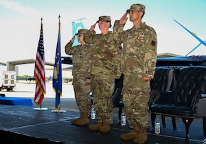 The 334th Fighter Generation Squadron incoming and outgoing commanders render a salute during the 334 FGS change of command ceremony at Seymour Johnson Air Force Base, June 21, 2024. The ceremony was conducted to commemorate the passing of command of the 334th FGS from Maj. Amanda Miller to Maj. Michael Lundy. (U.S. Air Force photo by Airman Rebecca Tierney)