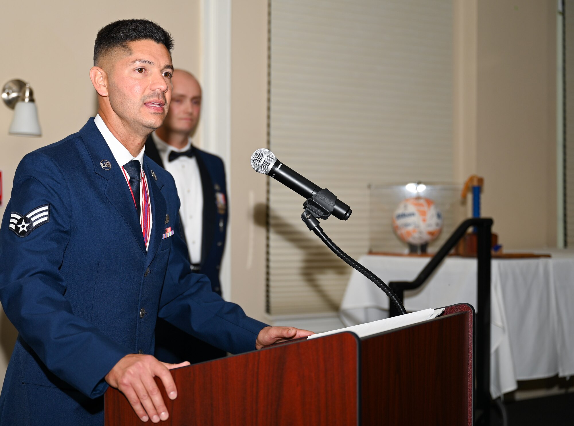 U.S. Air Force Senior Airman Danilo Artigo, 567th RED HORSE Squadron civil engineer customer service representative, gives a speech after accepting the John L. Levitow Award during the Airman Leadership School class 24-E graduation ceremony at Seymour Johnson Air Force Base, North Carolina, June 27, 2024. The John L. Levitow Award is the highest honor that can be earned by an Enlisted Professional Military Education graduate. (U.S. Air Force photo by Airman Rebecca Tierney)