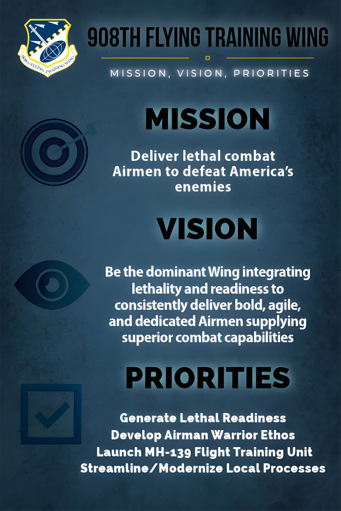 a poster depicting the mission, vision and priorities of the unit.