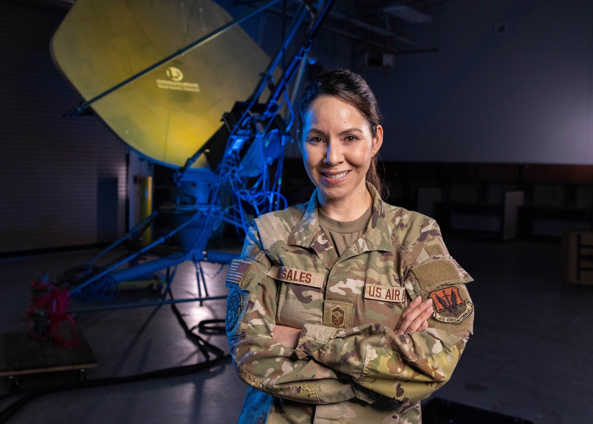 U.S. Air Force Senior Master Sgt. Alejandra Rosales, assigned to the 147th Combat Communications Squadron, 195th Wing, California Air National Guard, poses for an award portrait May 15, 2024, San Diego California. Rosales has been selected as the Air National Guard Senior Non-Commissioned Officer of the Year for 2024. (U.S. Air National Guard photo by Tech Sgt. Darby Arnold)