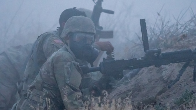 Soldiers assigned to the 76th Operational Response Command conducted a blank-fire reaction to contact from their listening post/observation post during a simulated chemical attack on the Division Support Area during the Red Dragon 24 training at Dugway Proving Ground, Utah, on June 21, 2024.  Soldiers train to detect and identify chemical, biological, radiological, and nuclear (CBRN) threats and decontaminate personnel, equipment, and military vehicles.