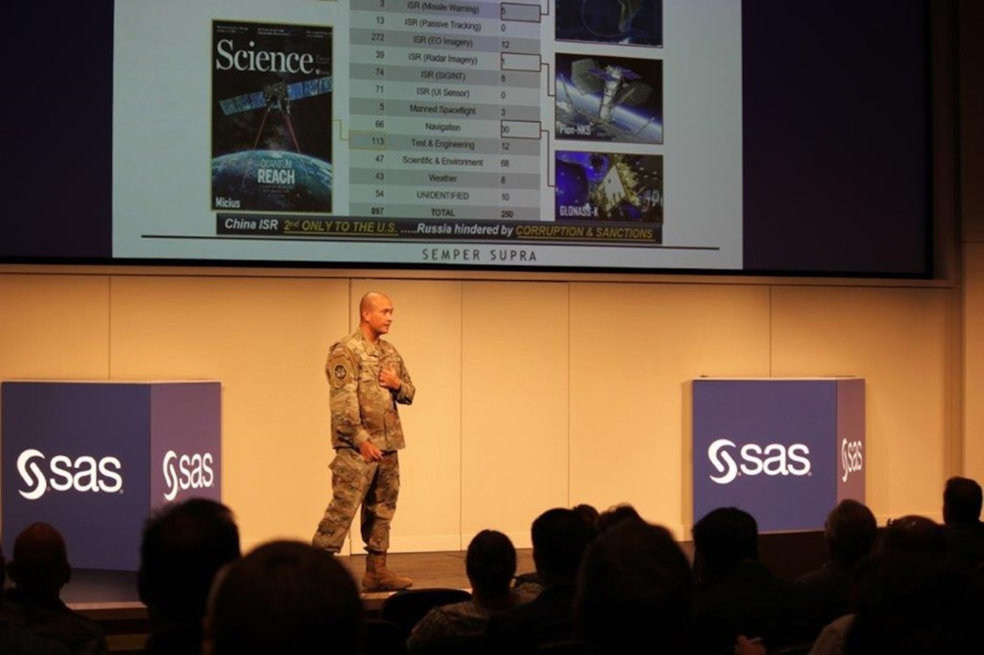 USSF CMSgt. Ron Lerch, Sr. Enlisted Leader for Space Systems Command’s (SSC) Intelligence directorate shares an illuminating Space Threats briefing with attendees at SSC and U.S. Space Command’s co-hosted Reverse Industry Day on June 25-26, 2024 in North Carolina. The  two-day event brought together military, government civilian, and industry professionals for learning and discussion of ways Artificial Intelligence and Machine Learning are furthering the emerging discipline known as Cognitive Space Operations. (Photo credit: SAS Photography)