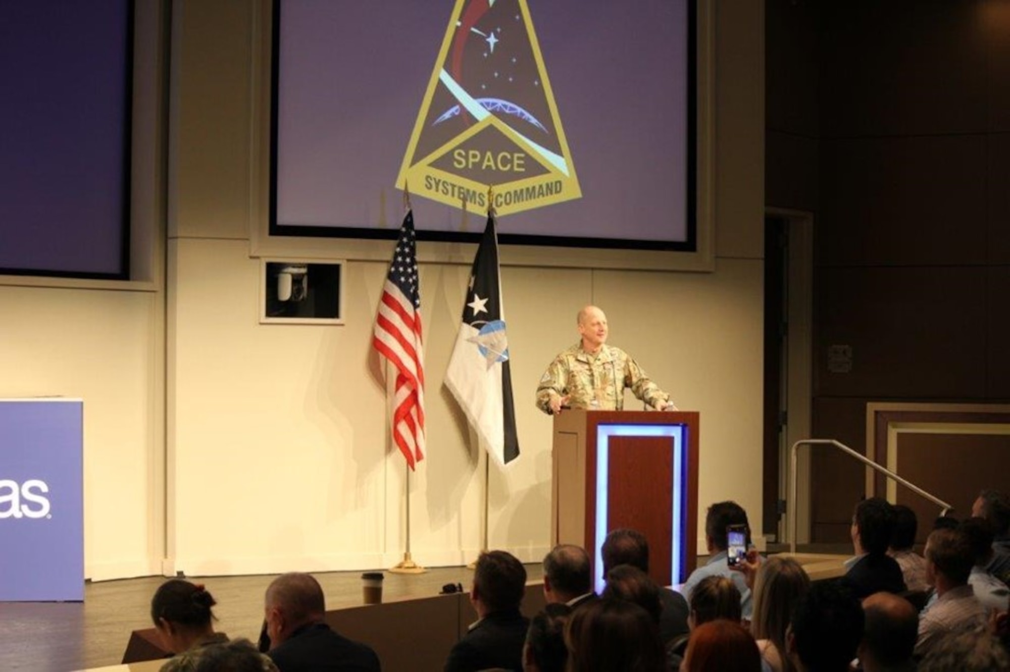 USSF Gen. Michael Guetlein, Vice Chief of Space Operations delivers opening remarks at a Reverse Industry Day co-hosted by Space Systems Command and U.S. Space Command on June 25, 2024 in North Carolina. Military, government civilian, and industry professionals came together for learning and discussion of how Artificial Intelligence and Machine Learning are furthering an emerging discipline known as Cognitive Space Operations. (Photo credit: SAS Photography)