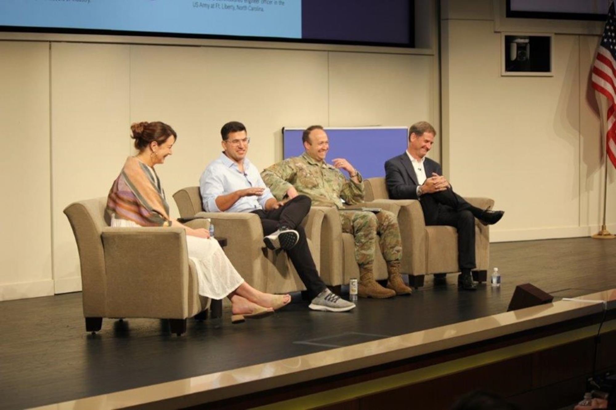 Military, government civilian, and industry professionals came together June 25-26, 2024 in North Carolina for learning and discussion about how Artificial Intelligence and Machine Learning are furthering an emerging discipline known as Cognitive Space Operations. The Reverse Industry Day event was co-hosted by Space Systems Command and U.S. Space Command and included two days of panels and valuable discussion. Pictured here are members of a panel focused on Investments in Artificial Intelligence/Machine Learning and space. (Photo credit: SAS Photography)