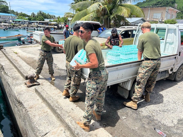 U.S. Marines and Sailors with Combat Logistics Battalion 13, Combat Logistics Regiment 17, 1st Marine Logistics Group, provide humanitarian disaster relief preparation by offloading approximately one thousand bags of rice and three thousand cases of water to Federal States of Micronesia outer island of Chuuk during exercise Koa Moana 24 in the Chuuk Lagoon, July 5-9, 2024. During Koa Moana’s deployment throughout the Indo-Pacific region, U.S. Marines and Sailors from I Marine Expeditionary Force work to strengthen alliances and partnerships with development of interoperable capabilities, combined operations, theater security cooperation, and capacity-building efforts. Exercises like Koa Moana administer 1st MLG to tackle complex challenges by fostering collaboration among bold thinkers and employing creative methods to optimize prepositioning, enhance sustainment and distribution networks, and bolster readiness in distributed environments such as Palau, the Federal States of Micronesia, and Papua New Guinea. (U.S. Marine Corps photo by Gunnery Sgt. Sean Arnold)