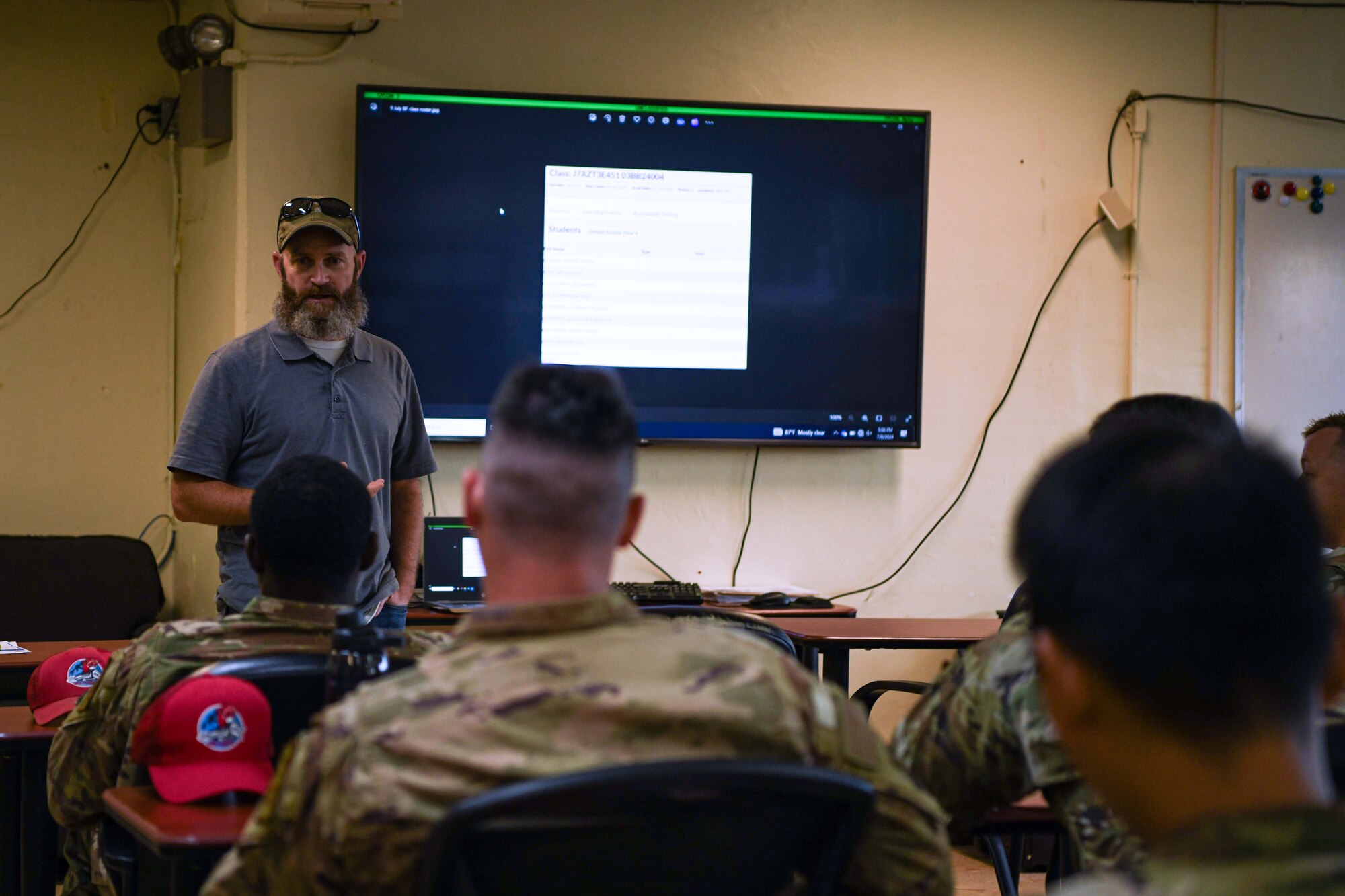 An instructor with 366th Training Squadron, Sheppard AFB, TX, conducts an orientation at an 18 CES facility.