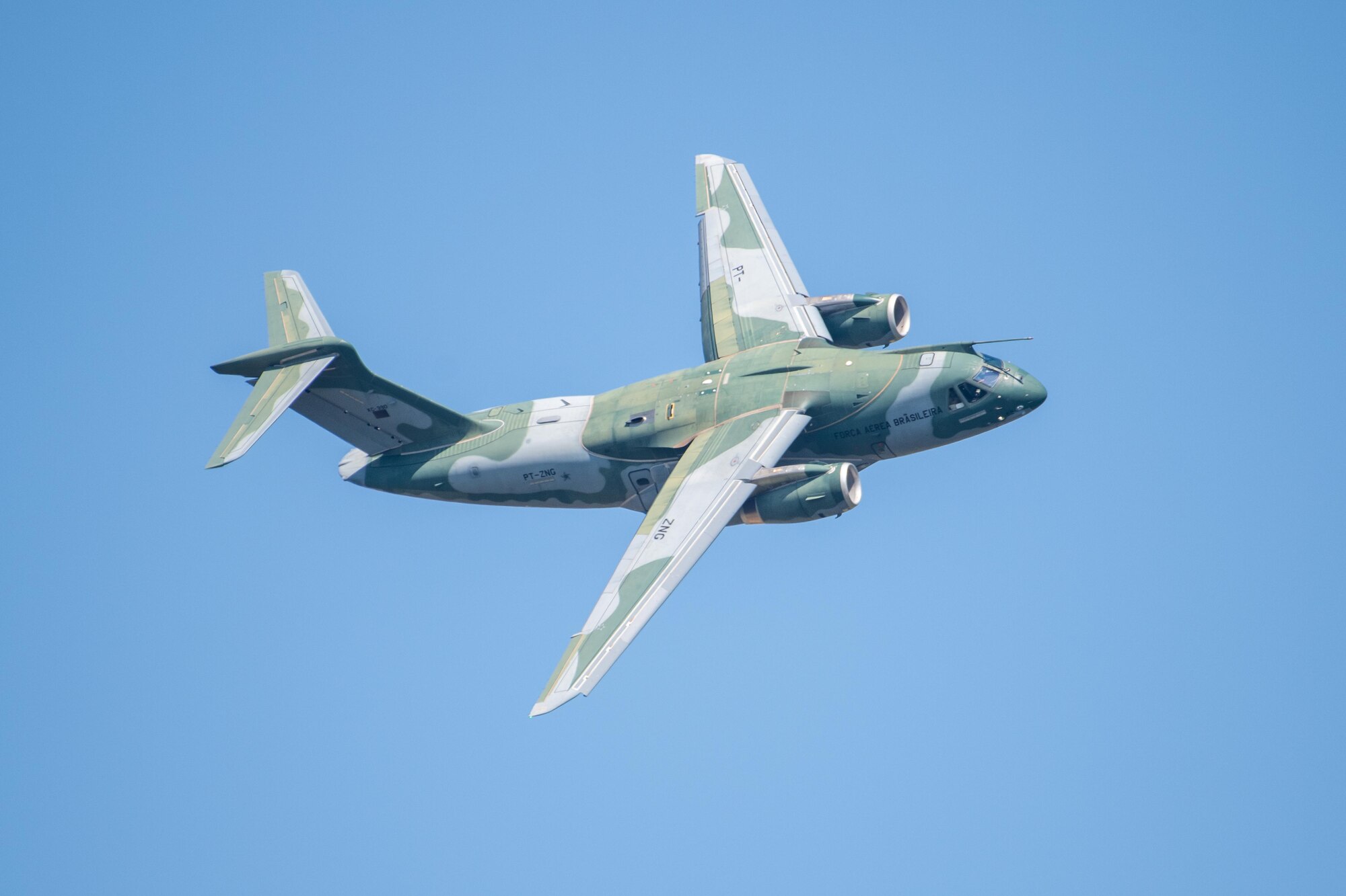 A Brazilian Air Force C-390 Millennium conducts an aerial demonstration