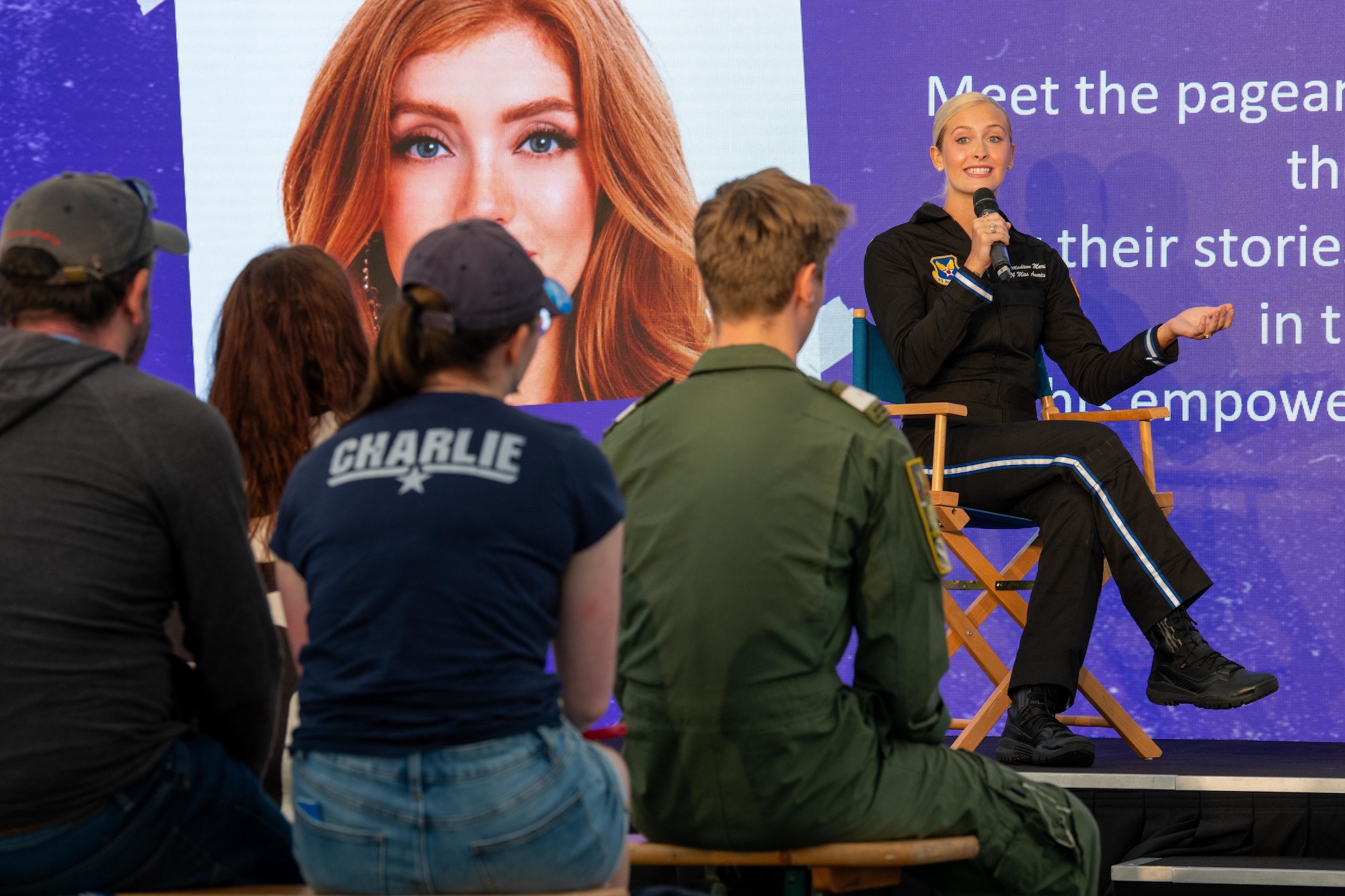 Miss America 2024 speaks as part of a panel during the Royal International Air Tattoo