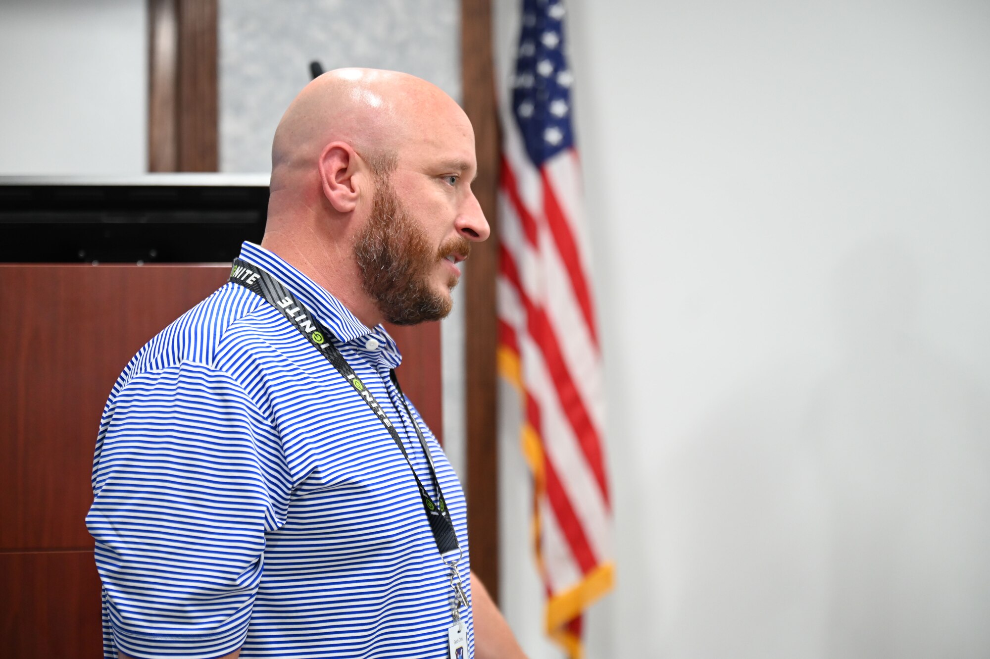 Chris Gesch, 350th Spectrum Warfare Wing commander’s action group member, speaks to U.S. Air Force Academy cadets during a company grade officer panel at Eglin Air Force Base, Florida, July 17, 2024. Gesch, retired U.S. Air Force Lt. Col. and USAFA alumni, imparted knowledge and offered advice from his own career as an officer. (U.S. Air Force photo by Senior Airman Anna Smith)