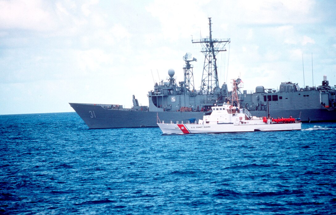 Between Cuba and Florida Keys (Sept. 19)--The Coast Guard Cutter Mantinicus (WPB 1315) patrols the waters off the coast of Cuba alongside a navy ship during Operation Able Vigil.