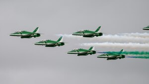 The Royal Saudi Air Force Saudi Hawks aeronautical team conduct an aerial demonstration