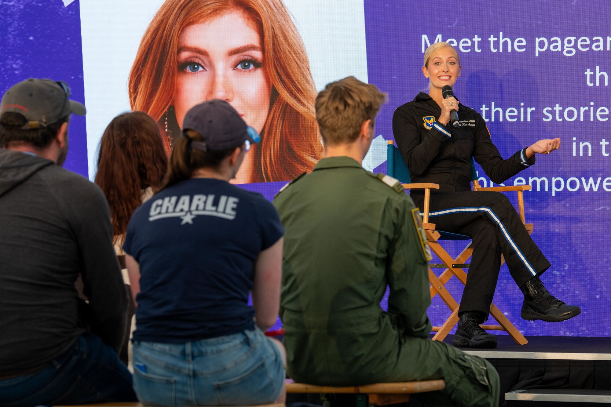 Miss America 2024 speaks as part of a panel during the Royal International Air Tattoo