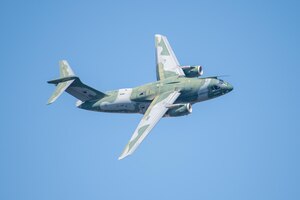A Brazilian Air Force C-390 Millennium conducts an aerial demonstration