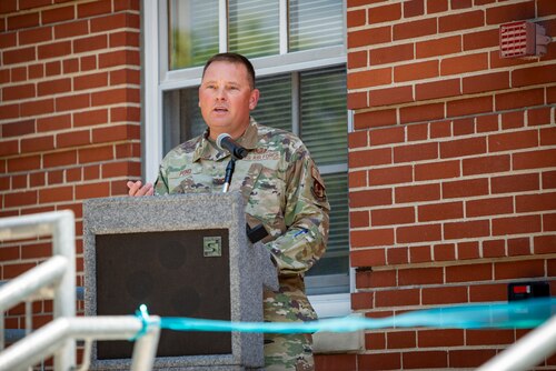 Col. Travis Pond, deputy commander of the 88th Air Base Wing, delivers remarks at a ribbon cutting ceremony for the newly opened Resiliency Center on Wright-Patterson Air Force Base, Ohio, July 15, 2024.