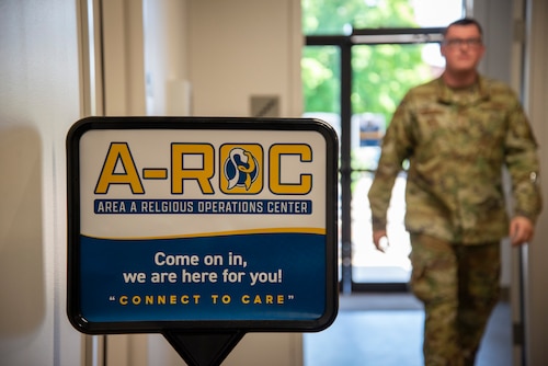 An Airman walks past the Area A Religious Operations Center during an open house at the newly opened Resiliency Center on Wright-Patterson Air Force Base, Ohio, July 15, 2024.