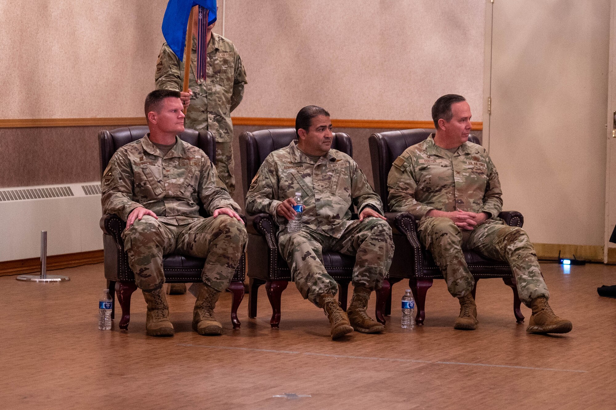 U.S. Air Force Col. Paul Townsend (left), 354th Fighter Wing Commander, Col. Tony Alvarado (middle), 354th Mission Support Group outgoing commander, and Col. Timothy Foster, 354th Mission Support Group incoming commander, prepare for the start of the 354th MSG change of command ceremony at Eielson Air Force Base, Alaska, July 17, 2024.