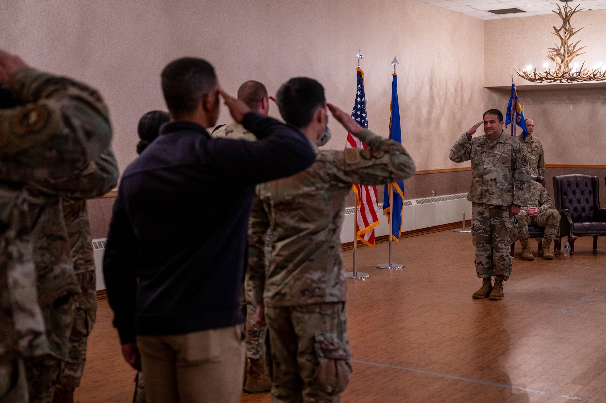 U.S. Air Force Col. Tony Alvarado, 354th Mission Support Group outgoing commander, renders a final salute to the formation during the 354th MSG change of command ceremony at Eielson Air Force Base, Alaska, July 17, 2024.