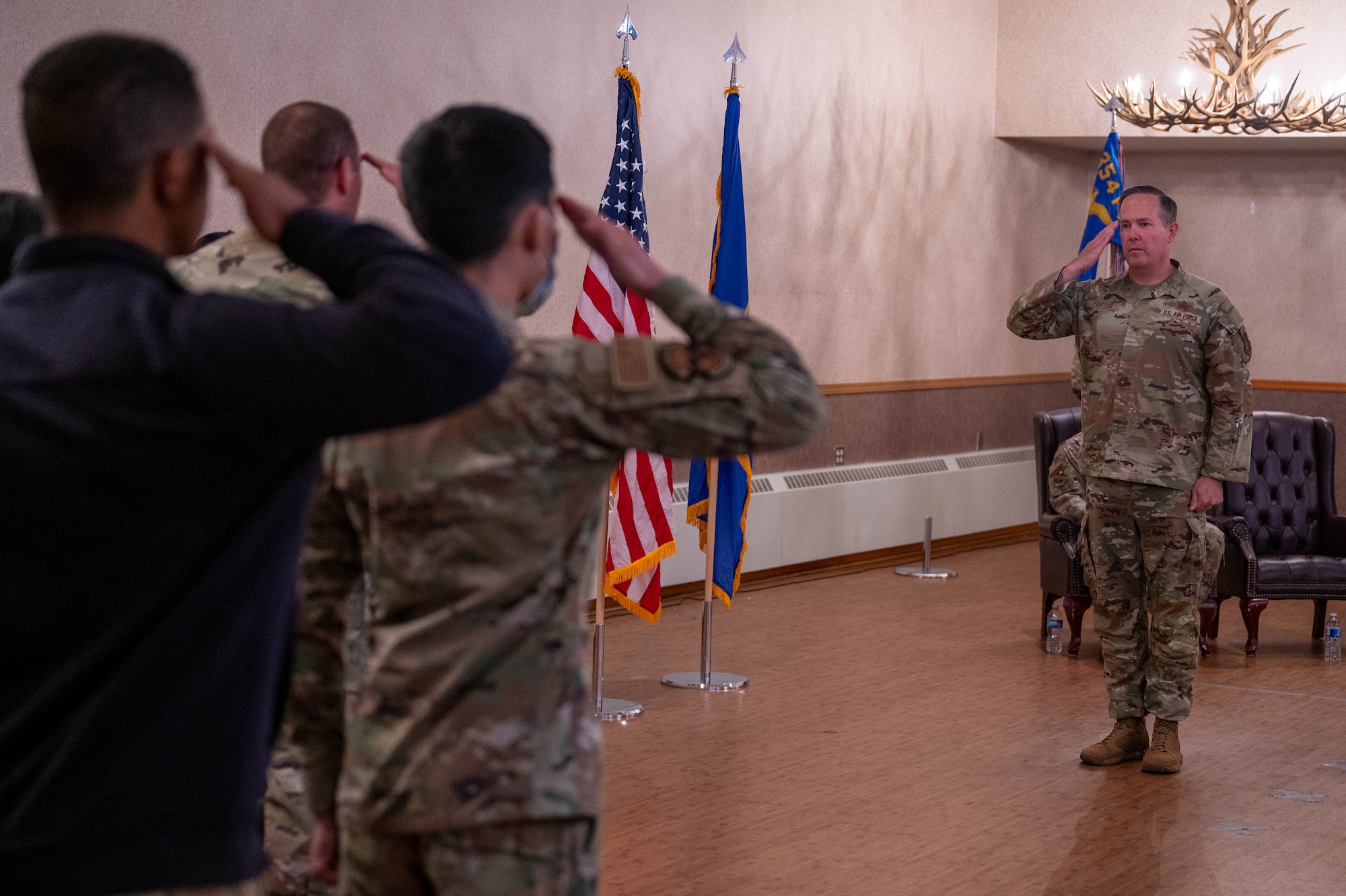 U.S. Air Force Col. Timothy Foster, 354th Mission Support Group incoming commander, renders an initial salute to the formation during the 354th MSG change of command ceremony at Eielson Air Force Base, Alaska, July 17, 2024.