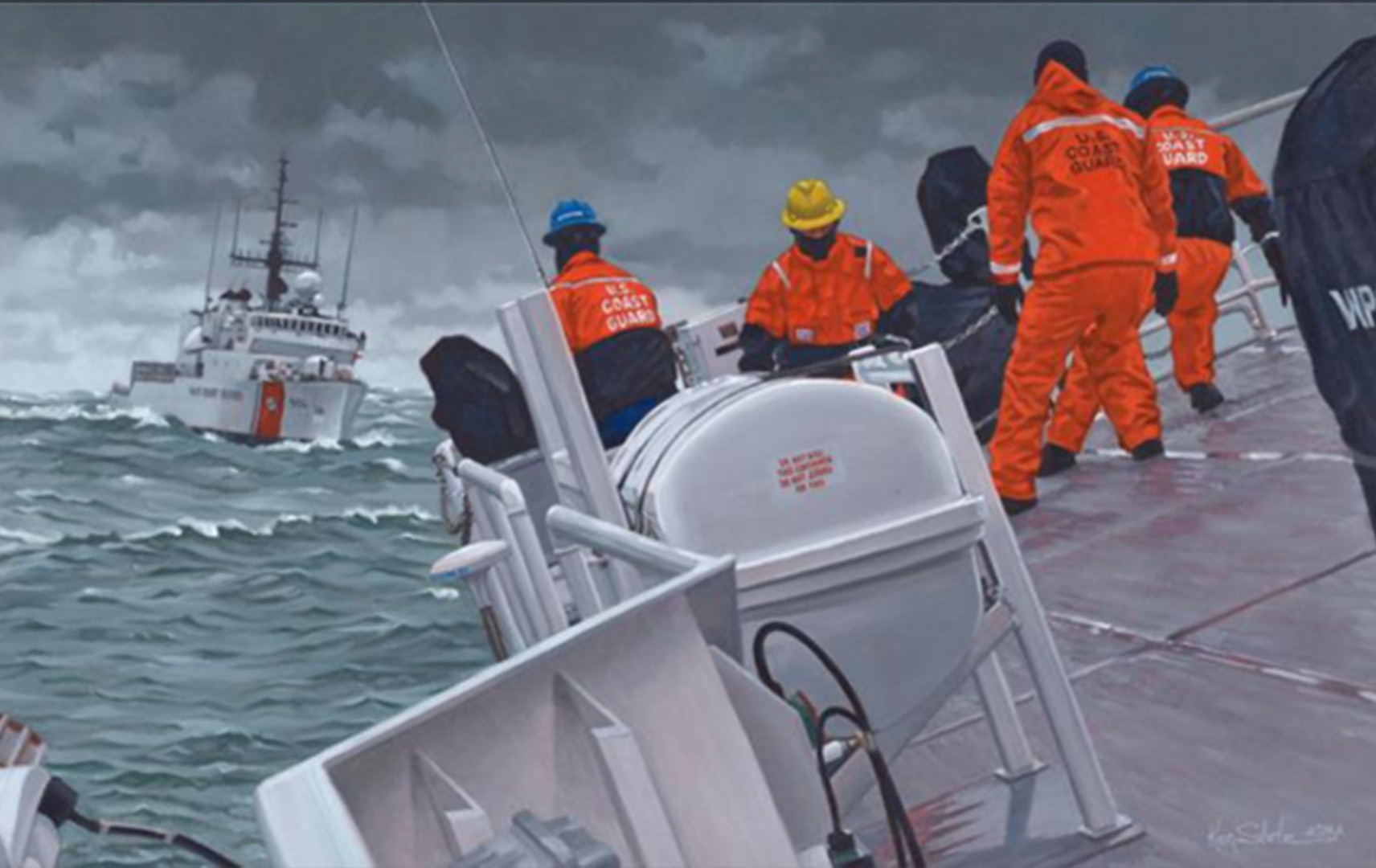 Ken Stetz’s award-winning oil painting, “Absorbing the roll” (Image courtesy of the Coast Guard Art Program).