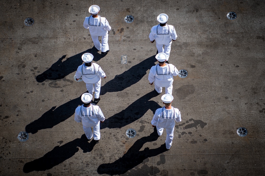 Sailors prepare to shift colors on the flight deck of the aircraft carrier USS Nimitz (CVN 68), July 22, 2024, at Naval Air Station North Island.