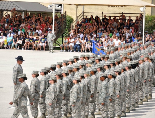 U.S. Air Force Airmen stand in formation during their Basic Military Training graduation at Joint Base San Antonio-Lackland, Texas, March 2012. Staff Sgt. Alyson Silidker has served for 12 years and plans on retiring after 20. (Courtesy Photo)