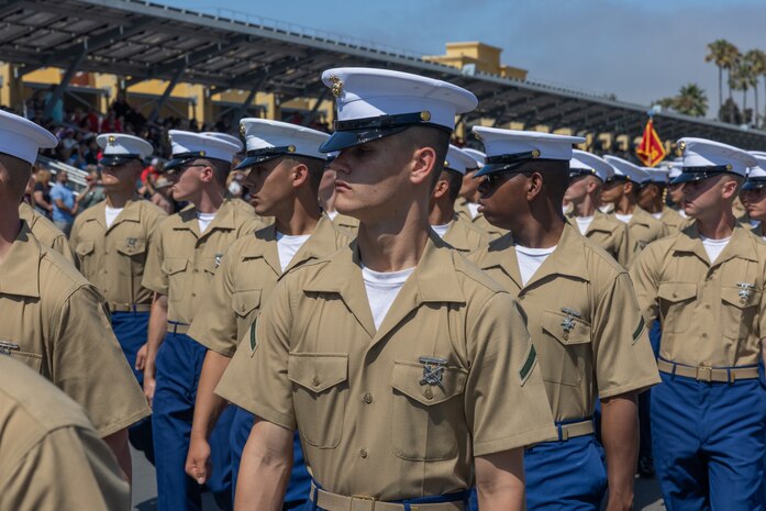 U.S. Marines with Delta Company, 1st Recruit Training Battalion, march in formation during a graduation ceremony at Marine Corps Recruit Depot San Diego, California, July 19, 2024, 2024. Graduation took place at the completion of the 13-week transformation, which included training for drill, marksmanship, basic combat skills, and Marine Corps customs and traditions. (U.S. Marine Corps photo by Lance Cpl. Jacob B. Hutchinson)